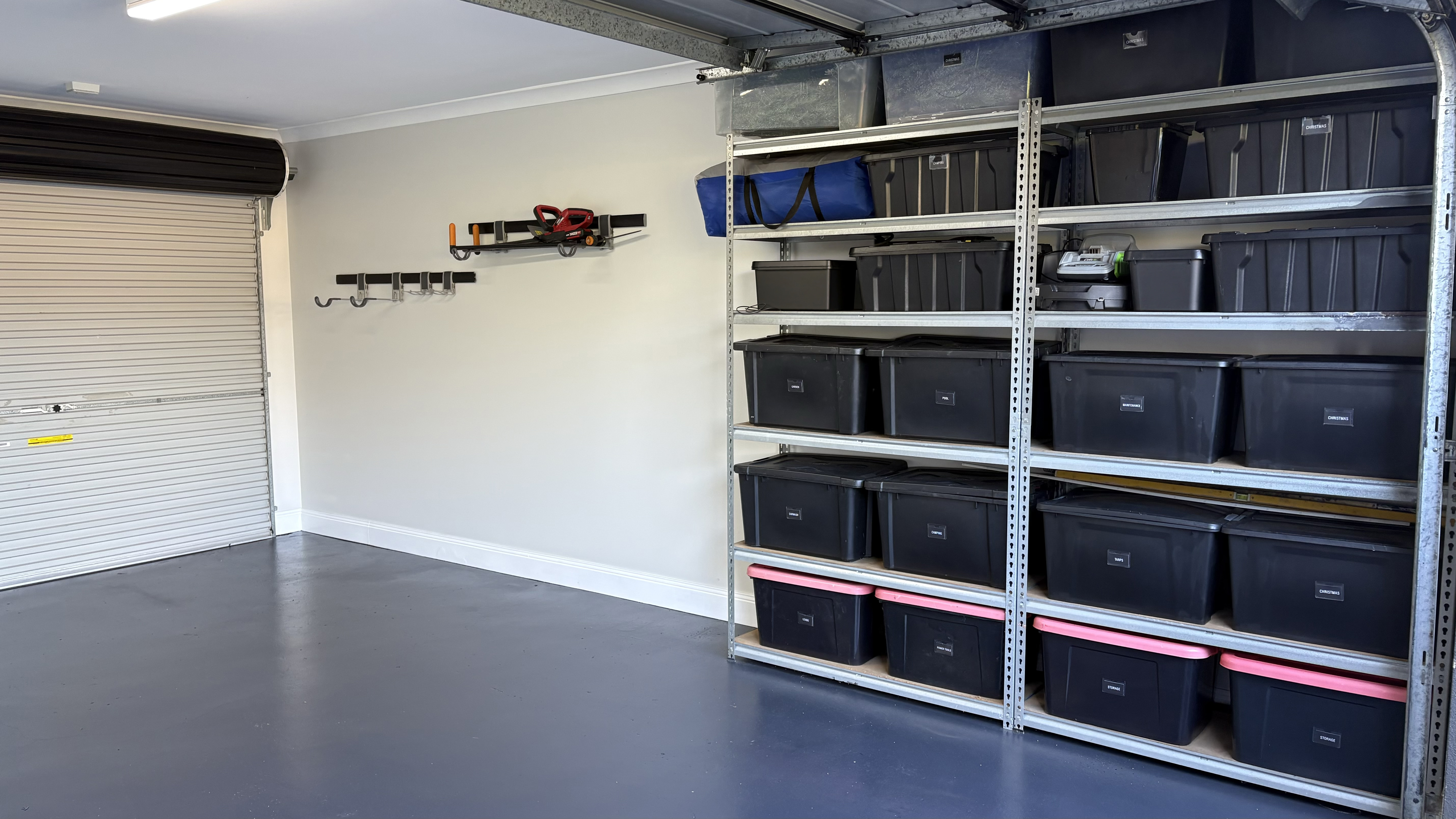 Garage storage and shelving organisation